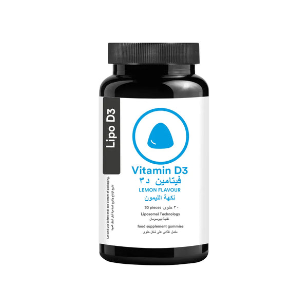 Vitamin D3 supplement bottle with black cap and white label on a white background