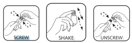 Instructions for screwing, shaking, and unscrewing a container with hand illustrations.