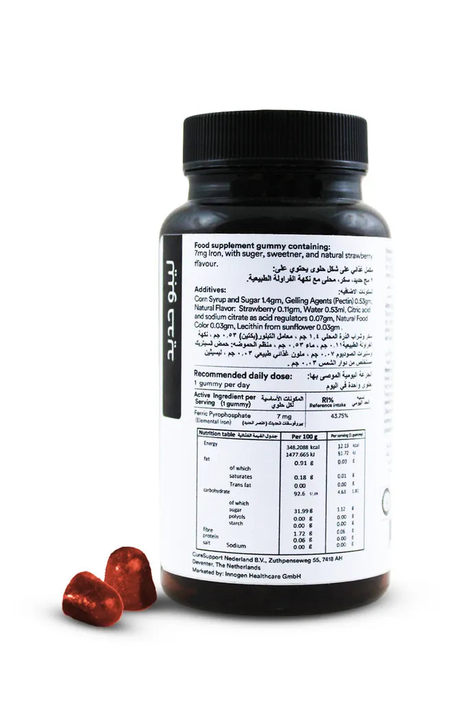 Supplement bottle with red gummies on a white background