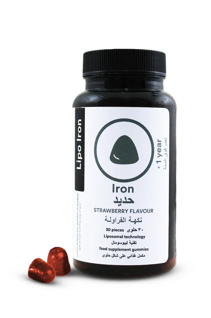 Black supplement bottle with white label featuring 'Lipo Iron' on a white background
