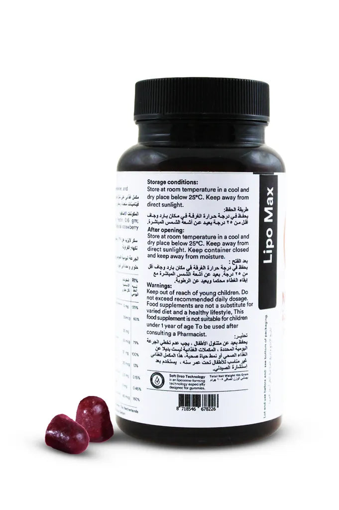 Black supplement bottle labeled 'Lipo Max' with a white label on a white background