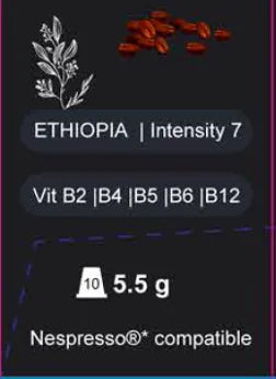 Nespresso coffee capsule with Ethiopia label and nutritional information.