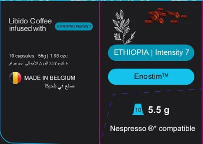 Nespresso coffee capsule packaging with Ethiopia coffee details on a dark background