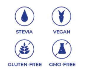 Four icons indicating Stevia, Vegan, Gluten-Free, and GMO-Free on a white background.