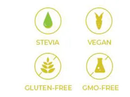 Icons indicating stevia, vegan, gluten-free, and GMO-free status on a white background.