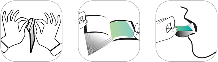 Illustrations showing a person folding a piece of paper with a green ribbon.