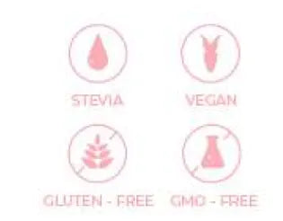 Icons indicating Stevia, Vegan, Gluten-Free, and GMO-Free statuses on a white background.