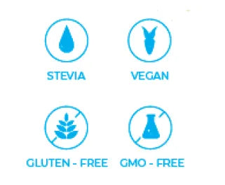 Icons indicating Stevia, Vegan, Gluten-Free, and GMO-Free on a white background.