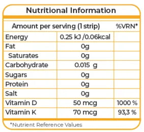 Nutritional information table for a product with energy, fat, saturates, carbohydrate, sugars, protein, salt, vitamin D, and vitamin K values.