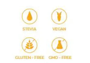Four icons indicating Stevia, Vegan, Gluten-Free, and GMO-Free on a white background.
