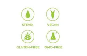 Icons indicating stevia, vegan, gluten-free, and GMO-free on a white background