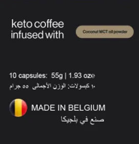 Keto coffee capsules with coconut MCT oil powder, labeled 'Made in Belgium'.