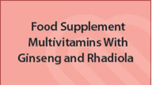 Text on a pink background indicating 'Food Supplement Multivitamins With Ginseng and Rhadiola'.