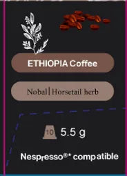 Nespresso-compatible coffee packaging with Ethiopia Coffee and Horsetail herb on a dark background