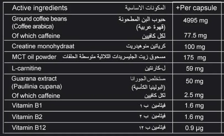 Table of active ingredients with their quantities per capsule, including coffee beans, caffeine, creatine, MCT oil, and vitamins.