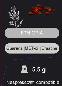 Nespresso compatible capsule with Ethiopia label and ingredients on a dark background