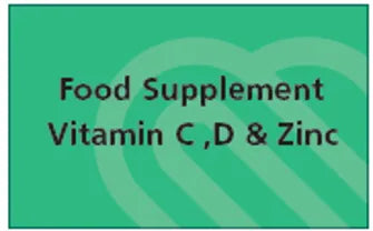 Green label for food supplement containing Vitamin C, D, and Zinc on a green background