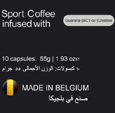 Sport Coffee packaging with text and a gold logo on a black background