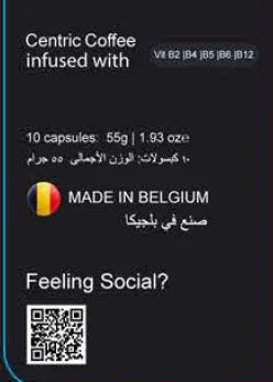 Centric Coffee capsule packaging with text and QR code on a black background