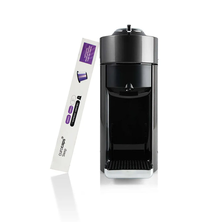 Black coffee machine with a white and purple capsule on a white background
