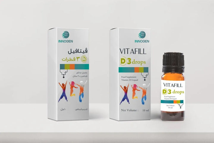 Packaging for Vitafill D3, showing a box and a bottle with product information in Arabic and English.